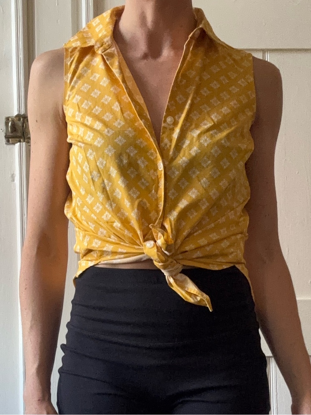Lands' End Yellow Printed Sleeveless Tie-Front Blouse